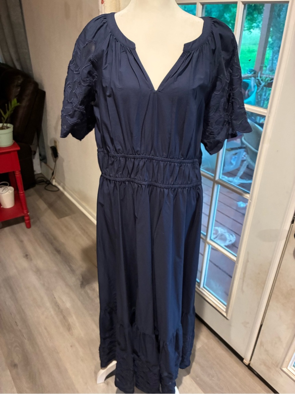 Navy Blue Short-Sleeve Maxi Dress with Embroidered Sleeves